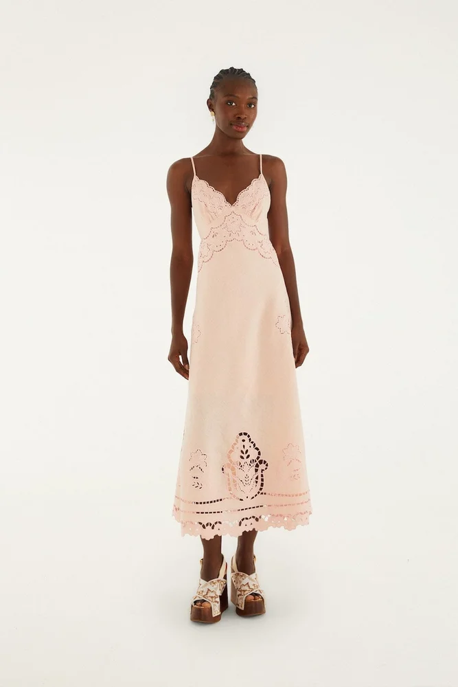 Pink Richelieu Linen Slip Midi Dress