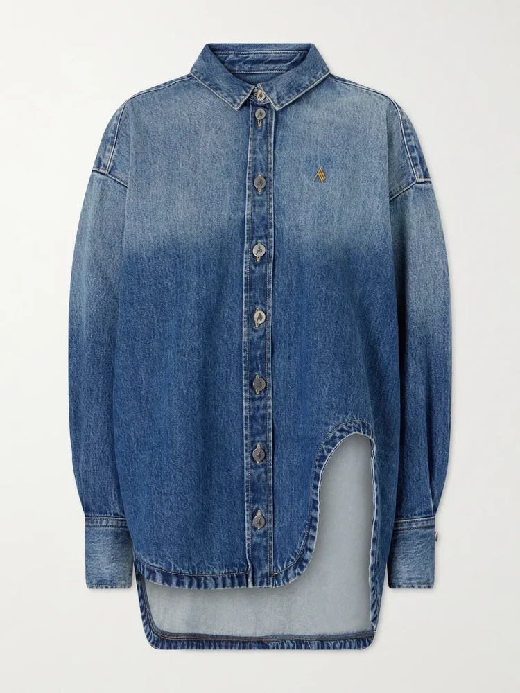Logo-embroidered washed denim jacket