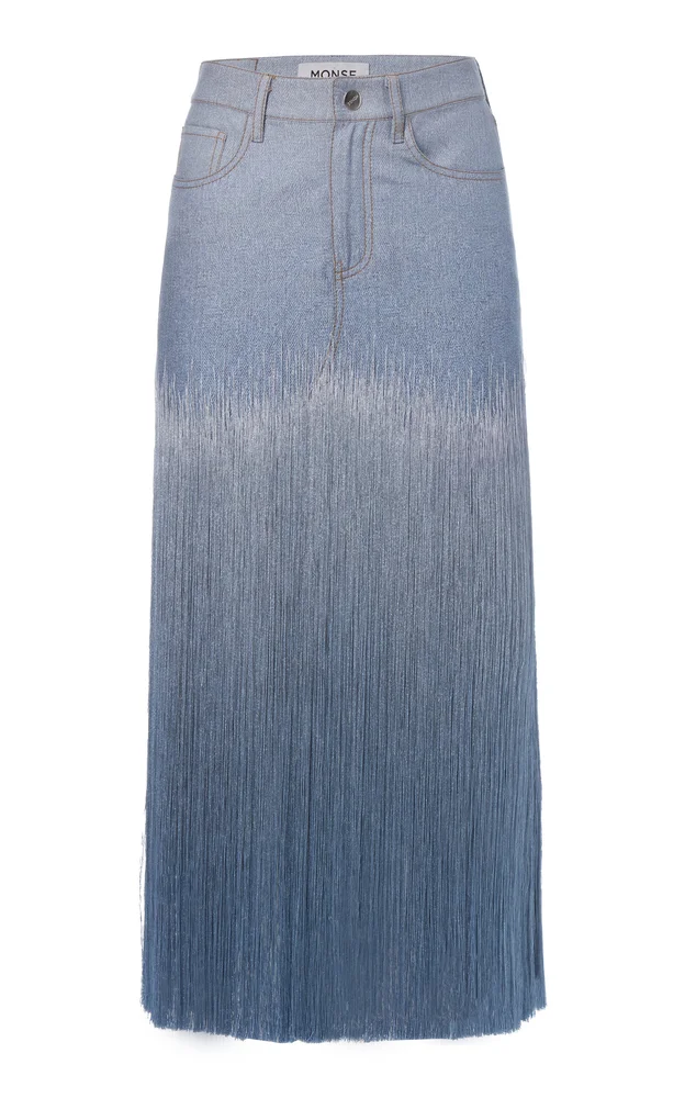 Fringed Denim Midi Skirt