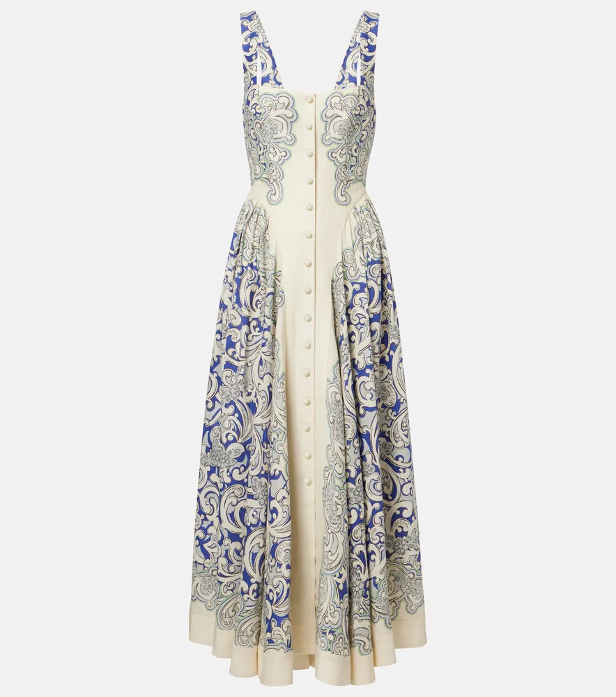 Printed linen-blend dress