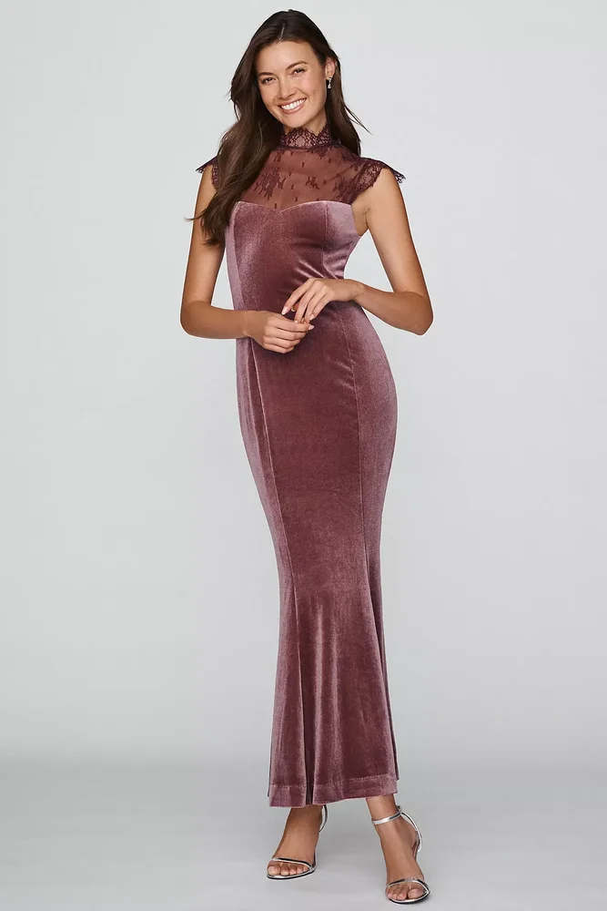 Lace High-Neck Velvet Maxi Dress