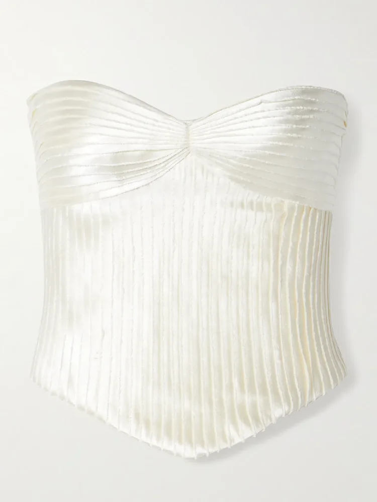 Ella strapless frayed pintucked silk and wool-blend satin bustier top
