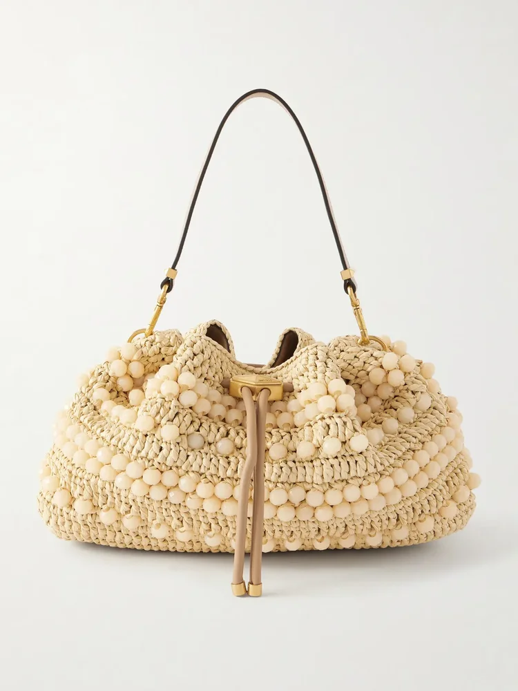 cinch beaded leather trimmed woven raffia shoulder bag