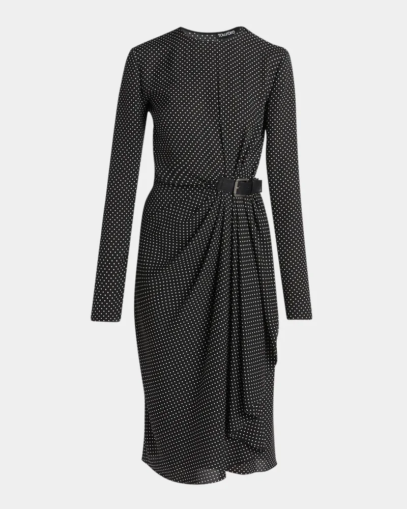 Polka Dot Silk Gathered Buckle Midi Dress