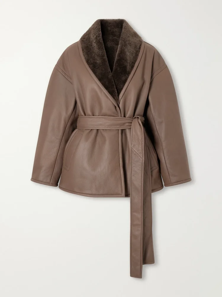 Manu belted shearling-trimmed leather jacket
