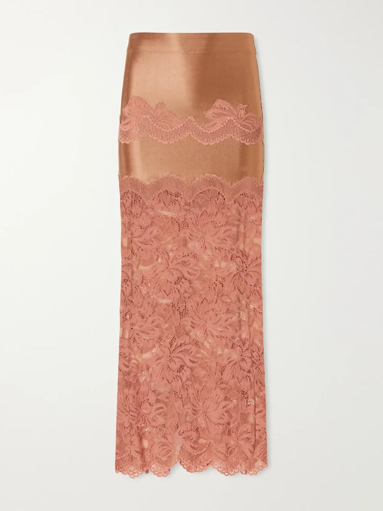Lace-trimmed stretch-satin midi skirt
