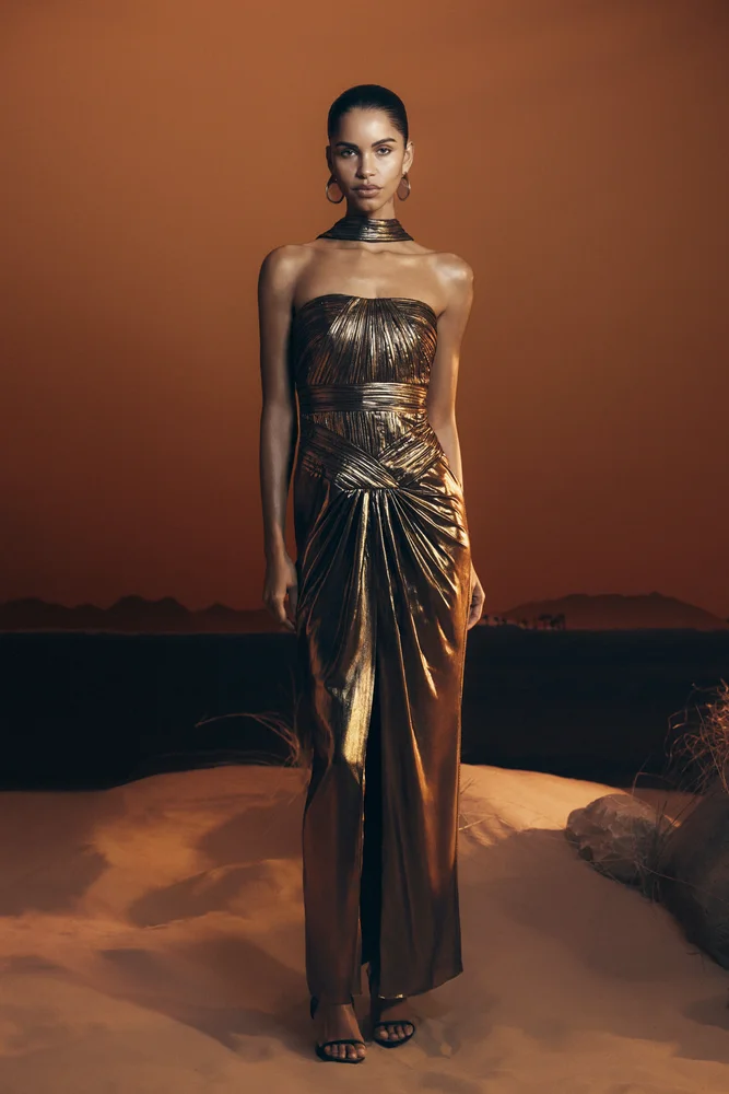 Clemence Plisse Maxi Dress - Gold