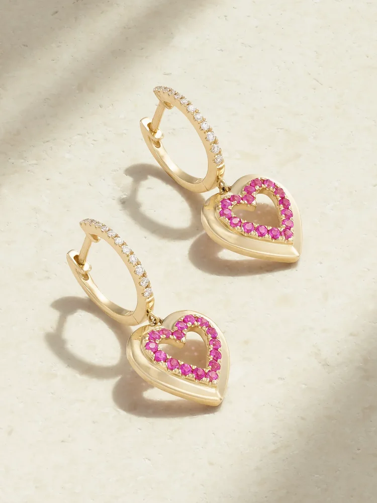 Heart 14-karat gold, sapphire and diamond hoop earrings