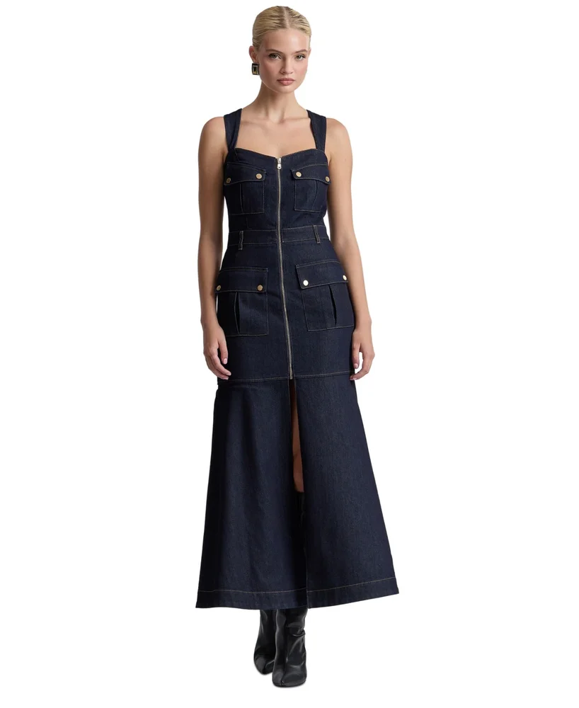 Stretch Denim Cargo Zip-Front Midi Dress