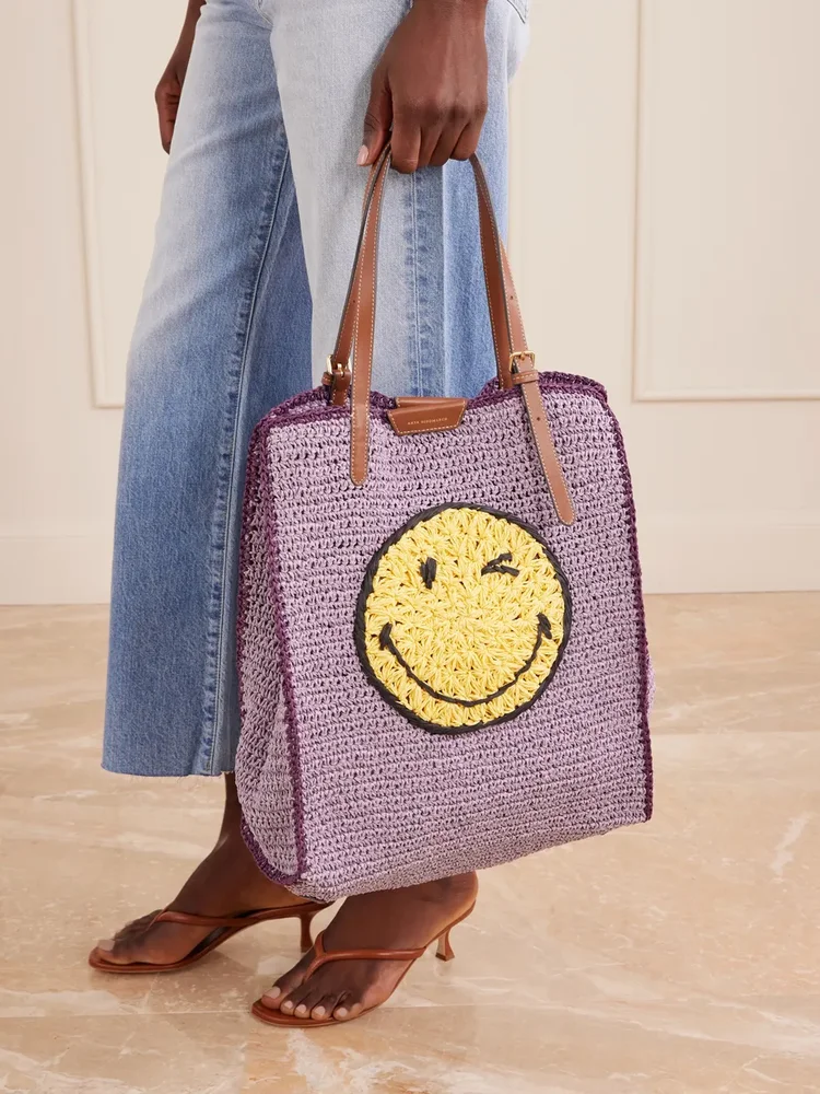 Wink leather-trimmed raffia tote