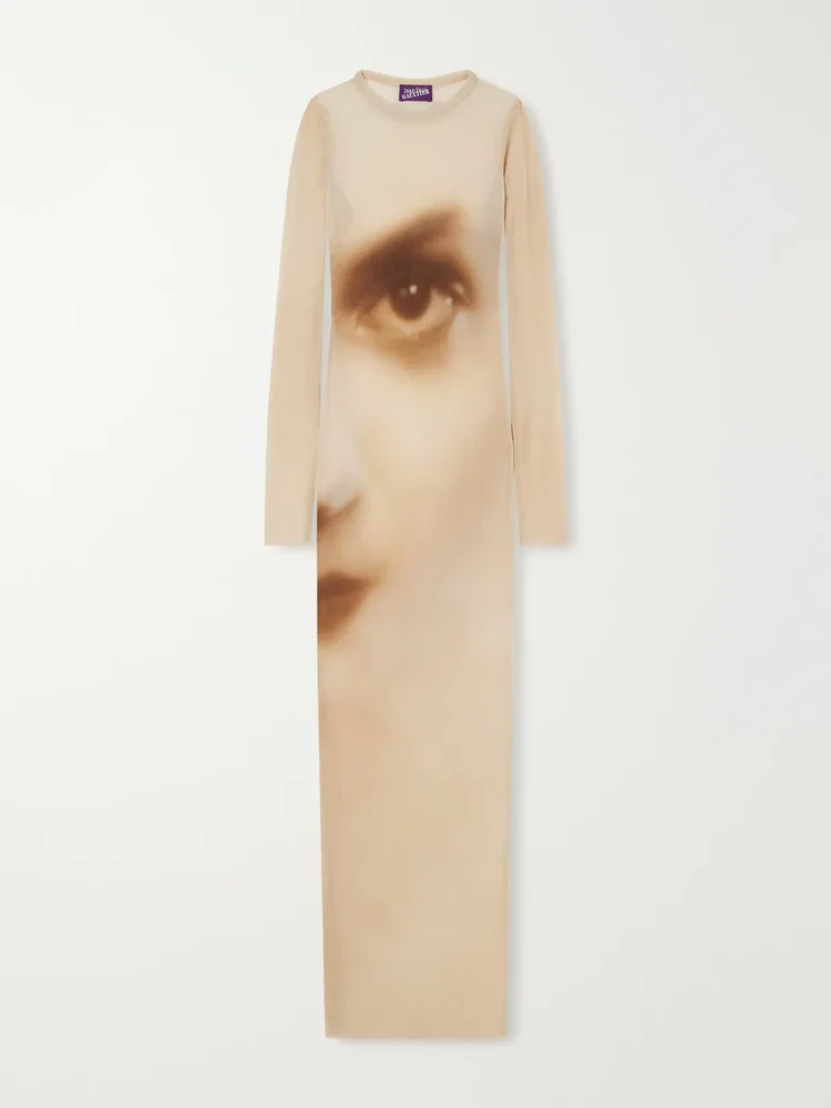 face printed mesh maxi dress