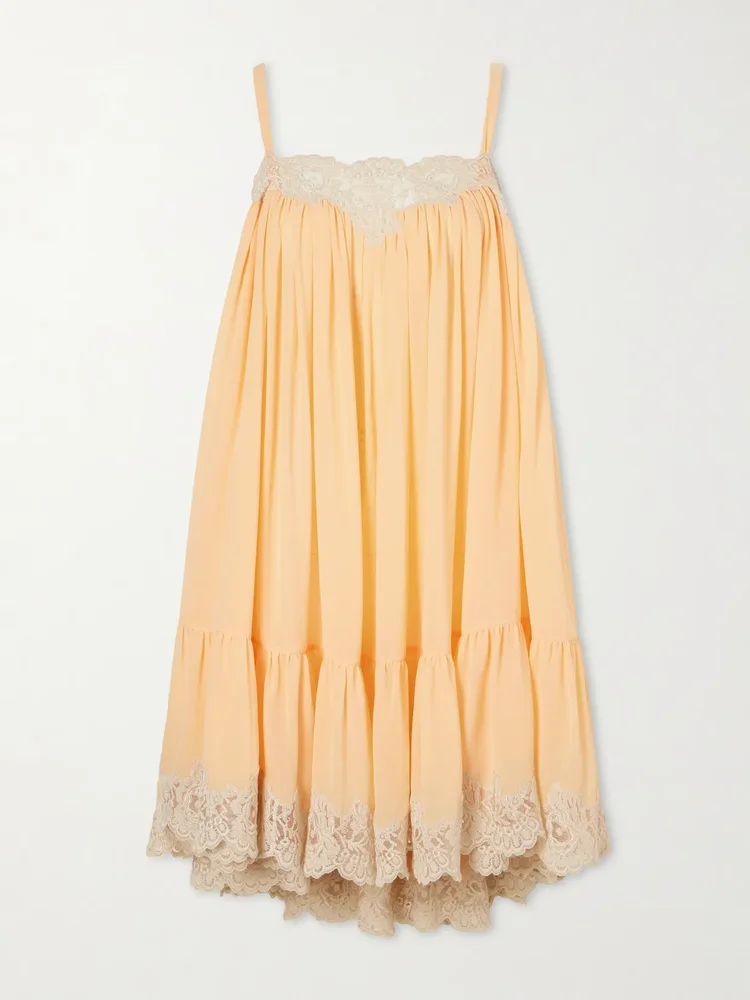 Pleated lace-trimmed silk-georgette mini dress