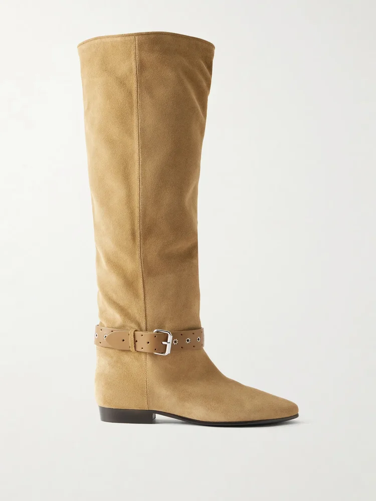 Rilton eyelet-embellished leather-trimmed suede knee boots