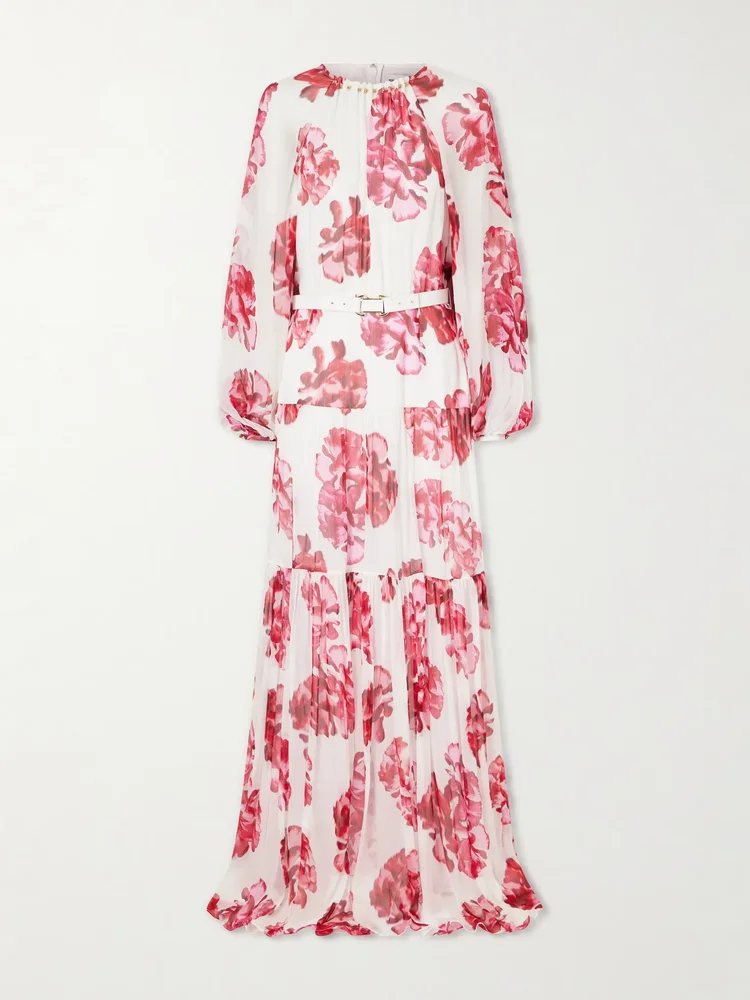 Damask Rose embellished tiered floral-print georgette maxi dress