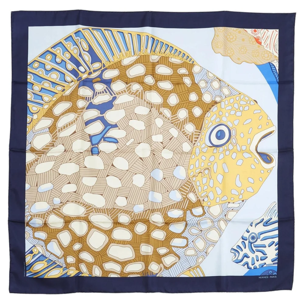 Hermès Carré 90 Grands Fonds Detail 2001 Navy Silk twill carre Scarf Hermes Box