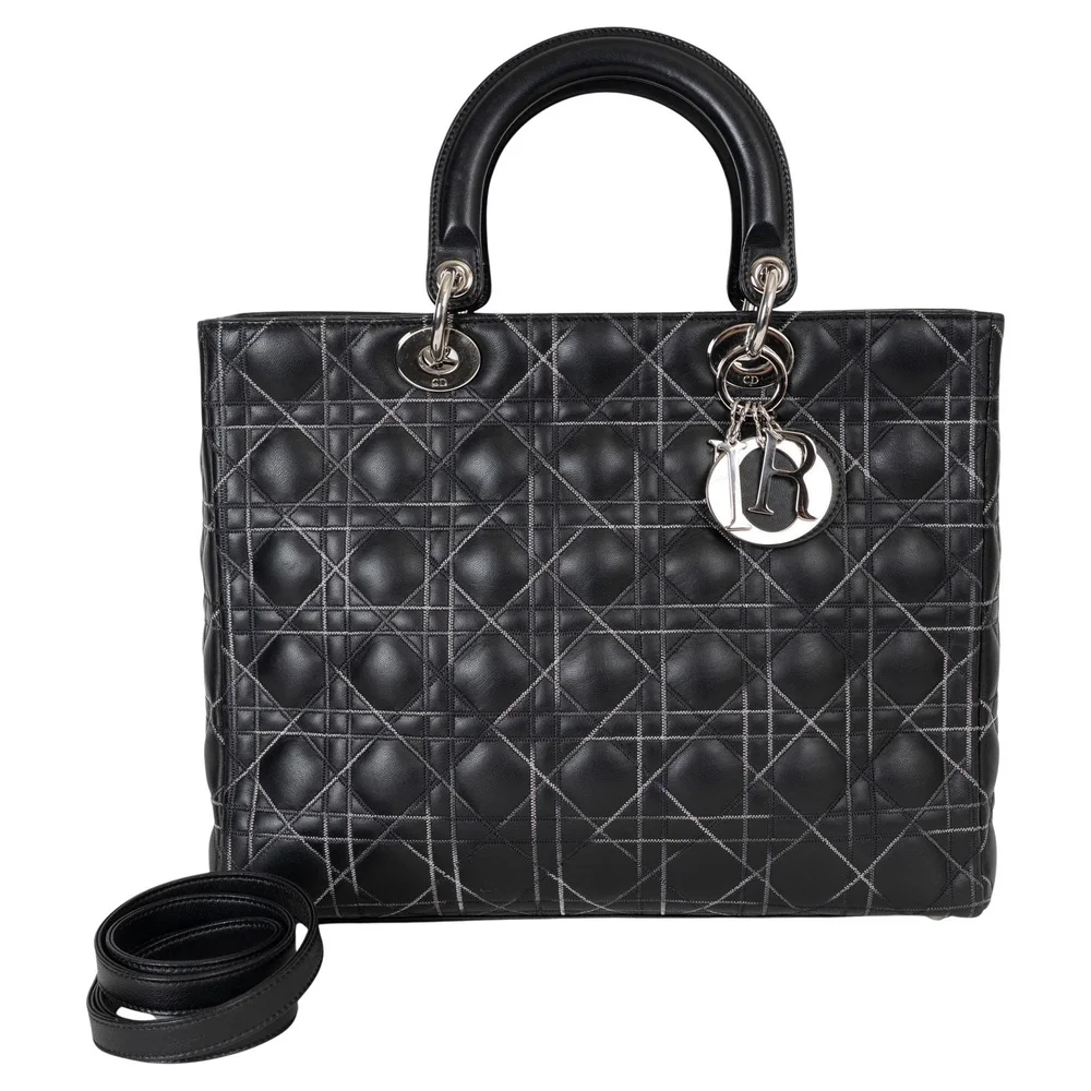 Pre-Owned Excellent Black Cannage Lambskin Contrast-Stitch Large Lady Dior