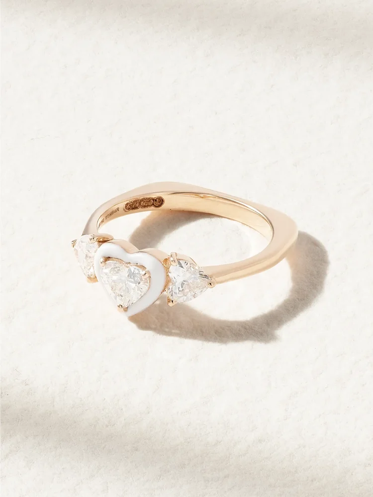 Trio Heart 18-karat rose gold, diamond and enamel pinky ring