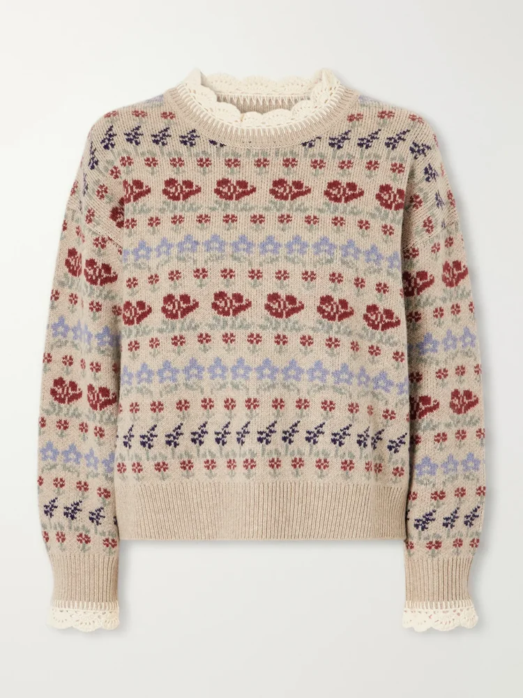 preston crochet trimmed floral intarsia wool blend sweater