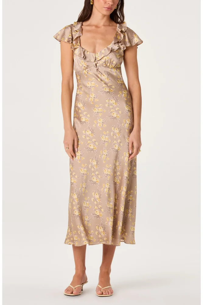 Nico Floral Ruffle Cap Sleeve Midi Dress