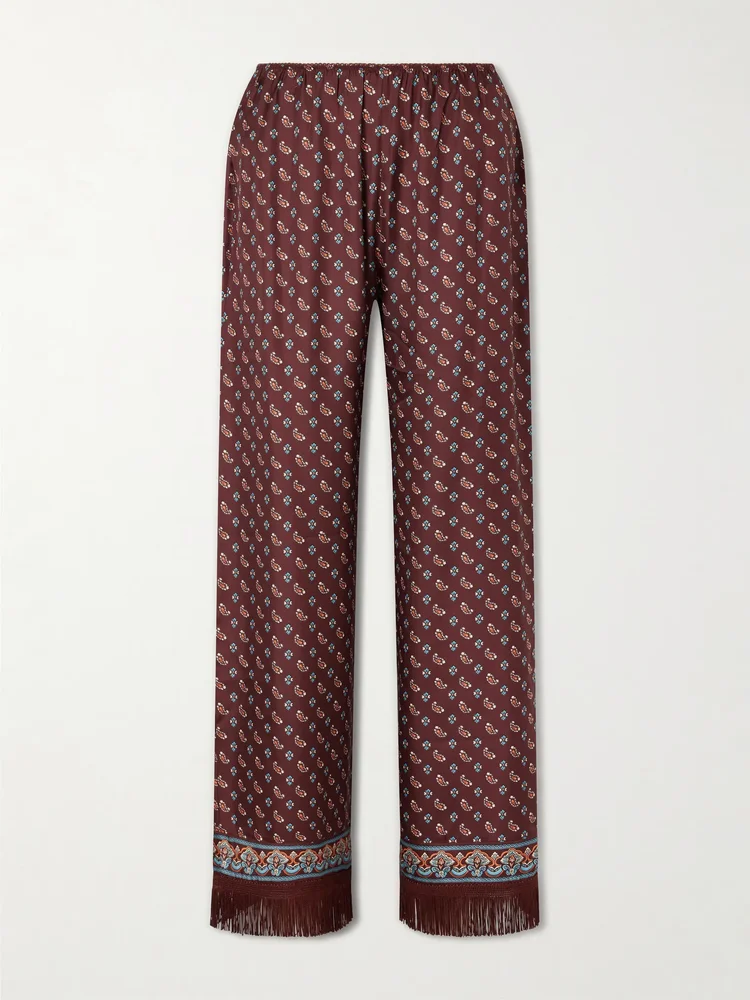 Lavon fringed printed silk-blend satin wide-leg pants