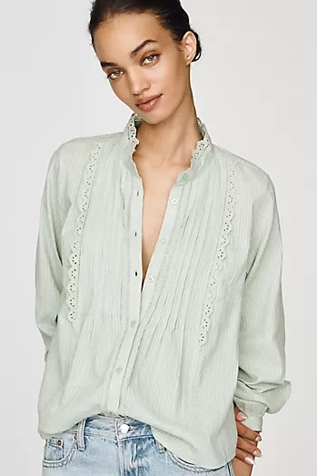 By Anthropologie Cotton Lace Buttondown Blouse