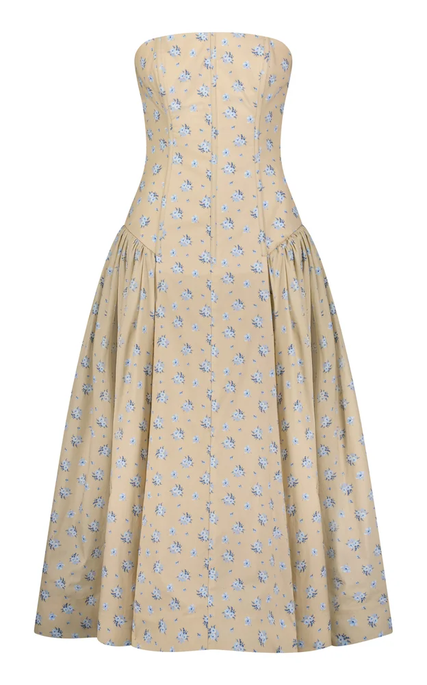 Floral Printed Cotton Strapless Dress