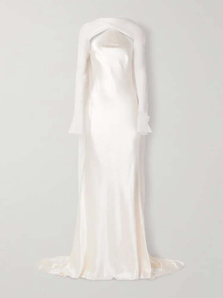 Mari convertible cape-effect silk and wool-blend satin and silk-crepon gown