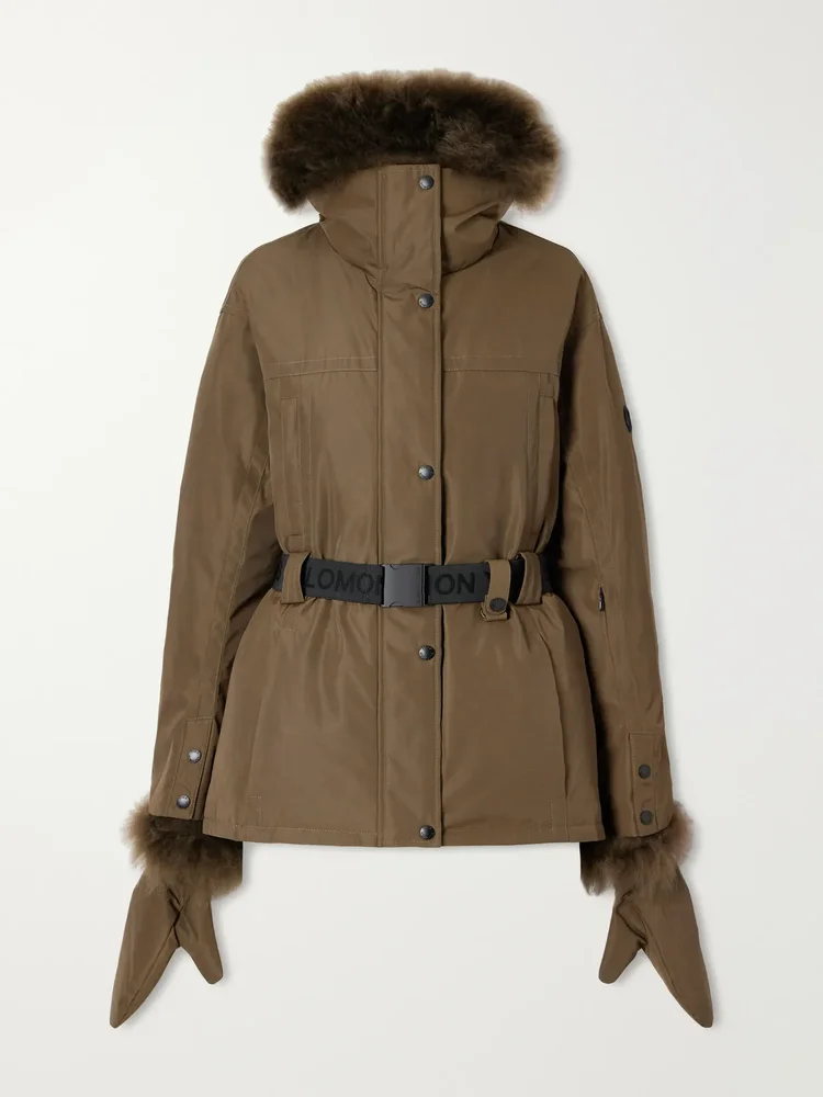 Belted hooded shearling-trimmed shell ski jacket
