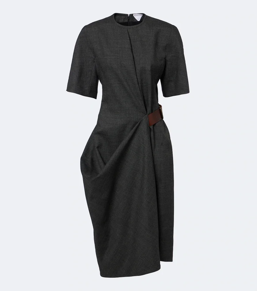 Belted draped wool midi dress