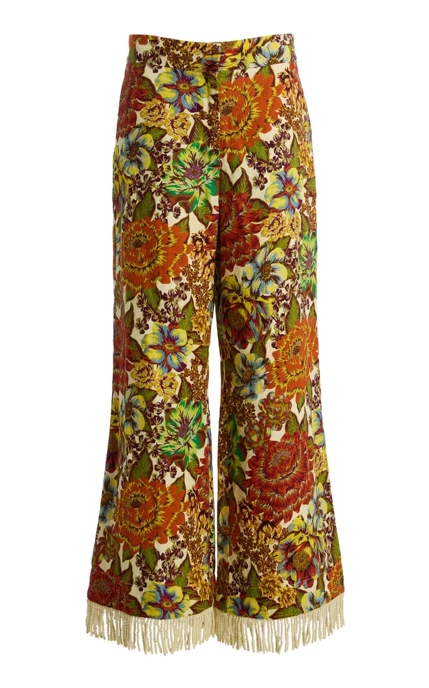Lana Fringed Floral Linen Flared Pants