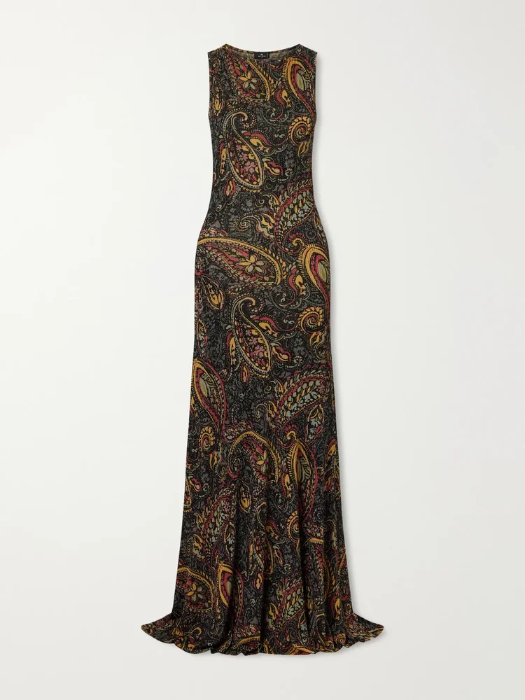 Paisley-print metallic ribbed-knit maxi dress