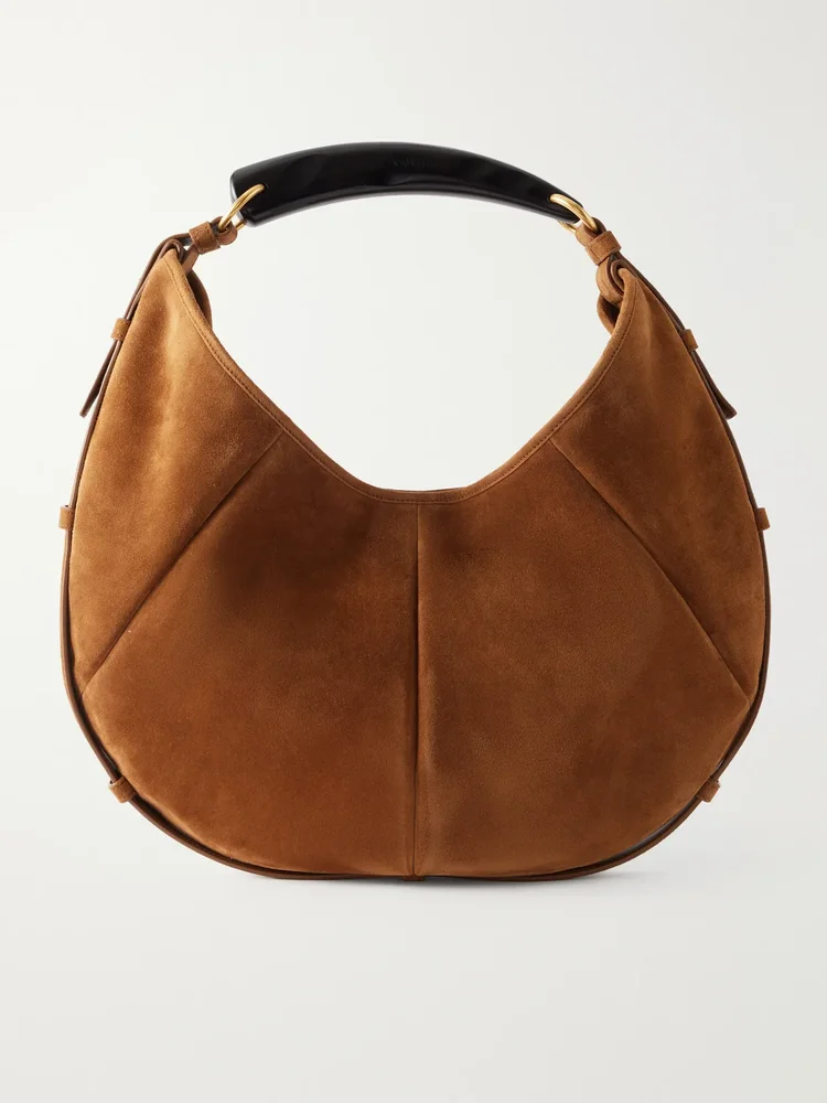 Mombasa paneled leather-trimmed suede shoulder bag