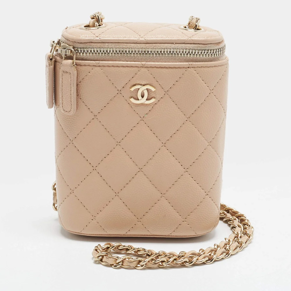 Vertical Vanity Case Beige Caviar Quilted Leather Bag