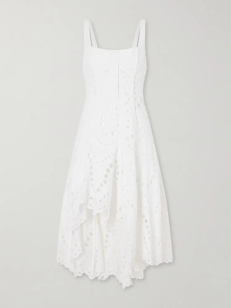 Ayla asymmetric scalloped broderie anglaise cotton-blend midi dress