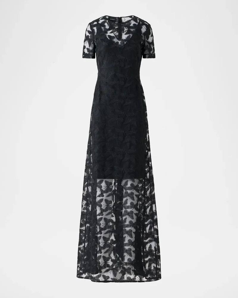 Butterfly Embroidered Sheer Tulle Short-Sleeve Gown