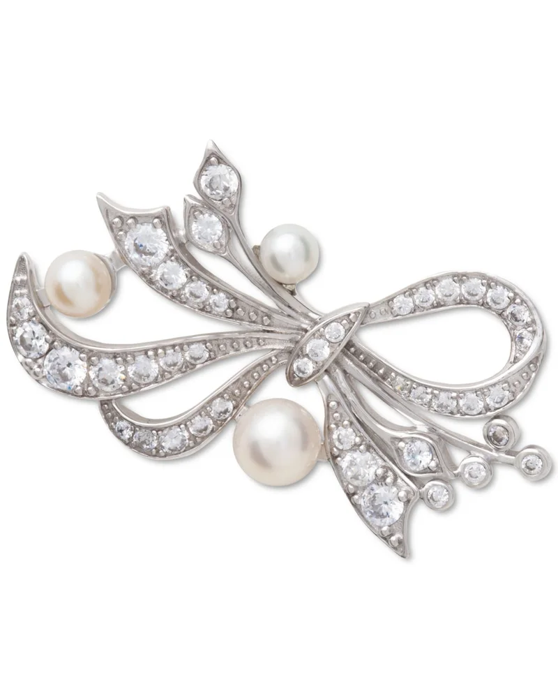 Cultured Freshwater Pearl (4-6mm) & Cubic Zirconia Ribbon Bow Pin in Sterling Silver