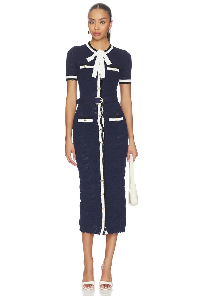 Navy Pointelle Knit Midi Dress