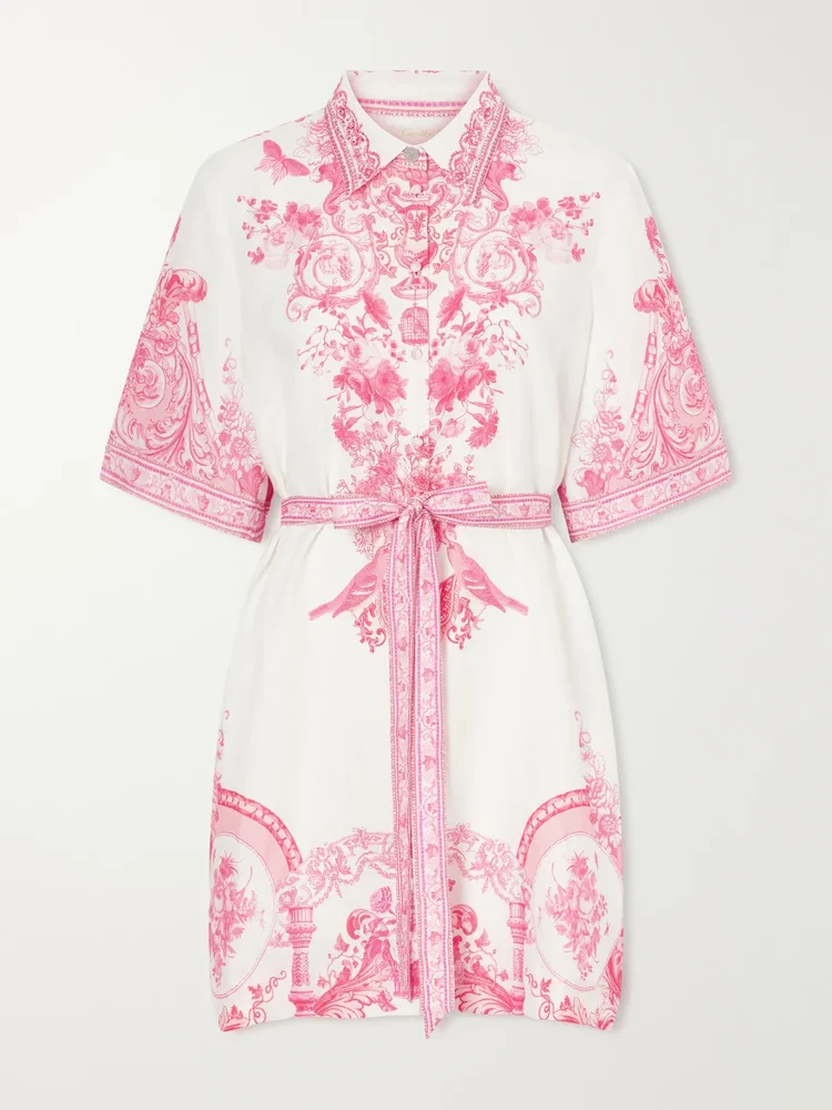 Floral-print embellished linen mini dress