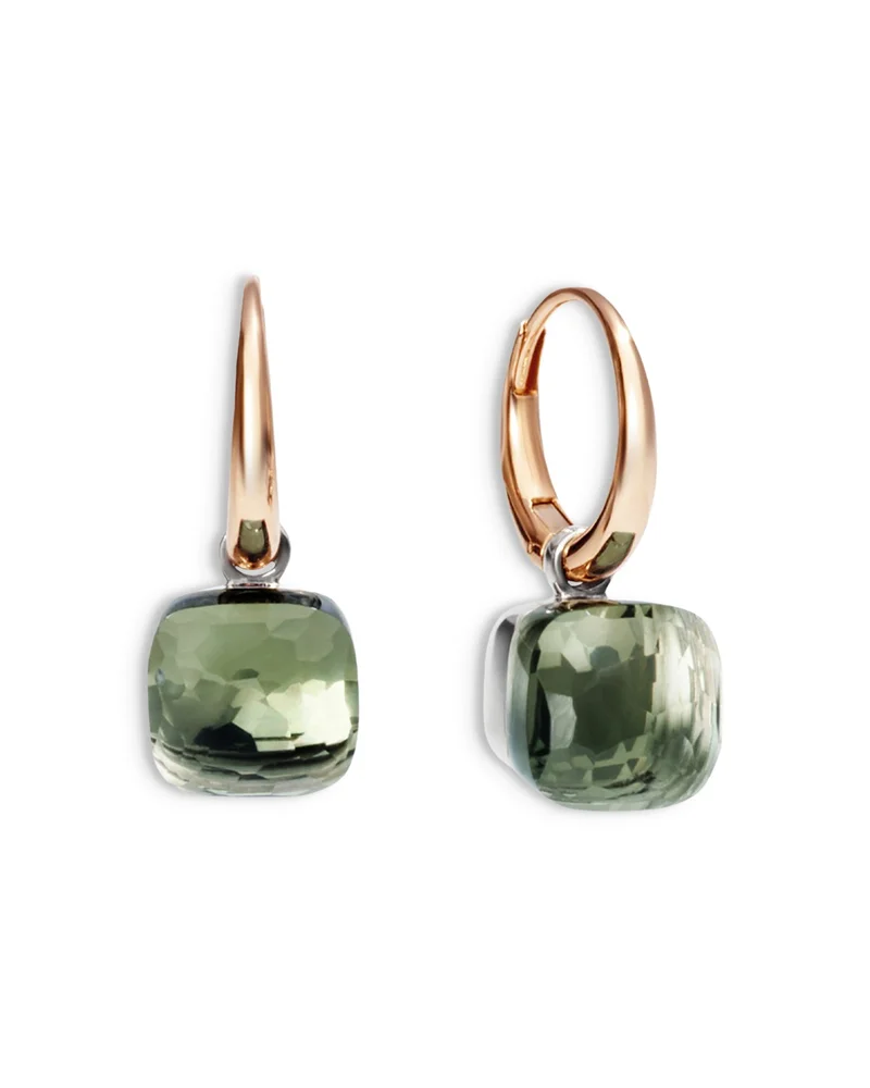 18K White & Rose Gold Nude Prasiolite Dangle Hoop Earrings