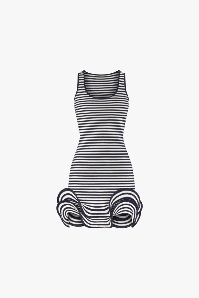 Double Ruffle Hem Mini Dress (Navy Stripe)