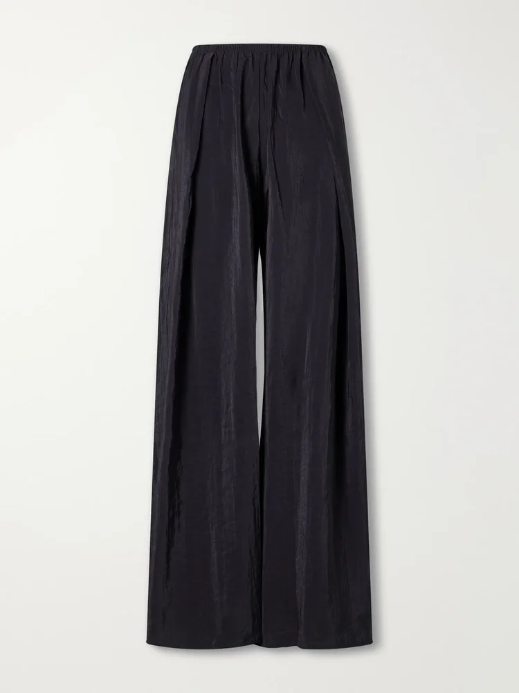 pleated crinkle satin wide leg pants