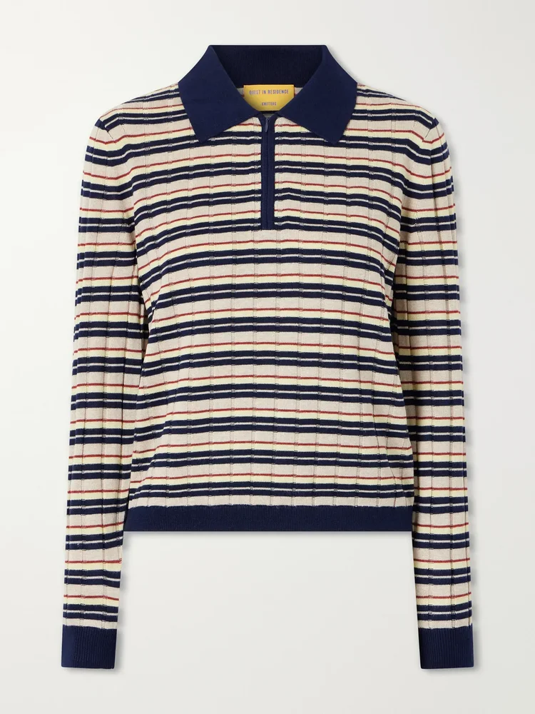 Striped silk and linen-blend polo shirt