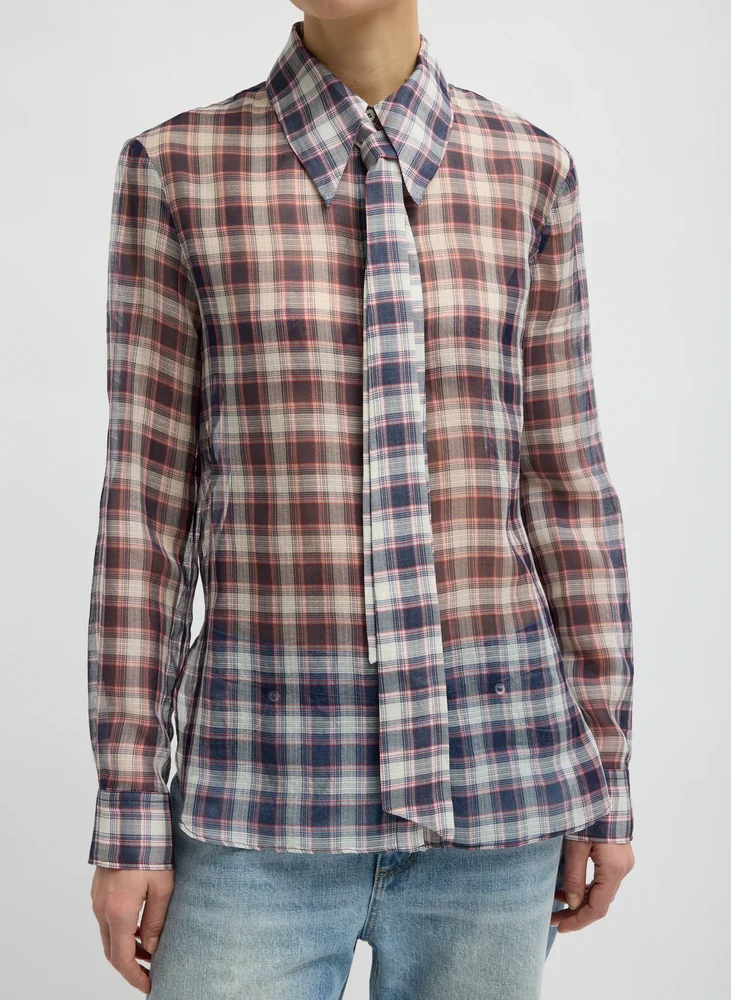 Silk Cotton Plaid Blouse with Removable Tie
