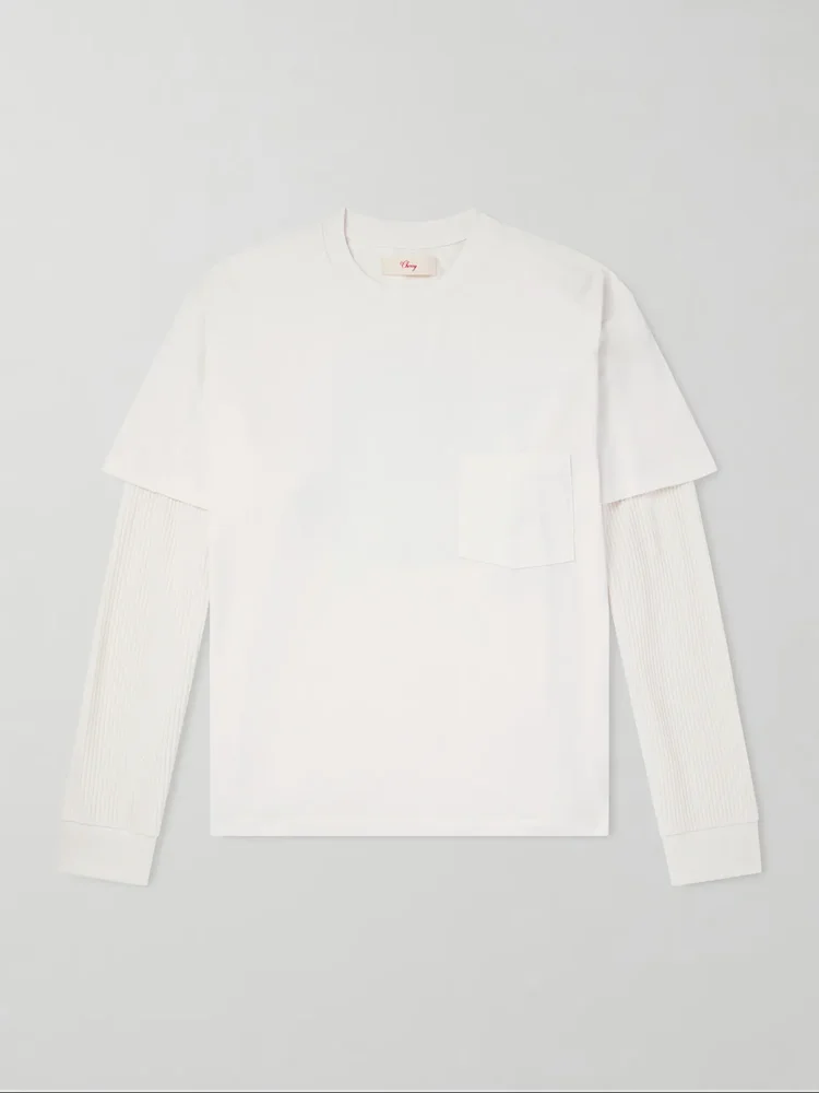 Waffle-Trim Cotton-Jersey Sweater