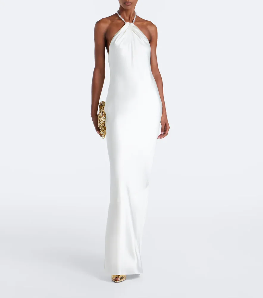 Anat beaded halterneck satin maxi dress