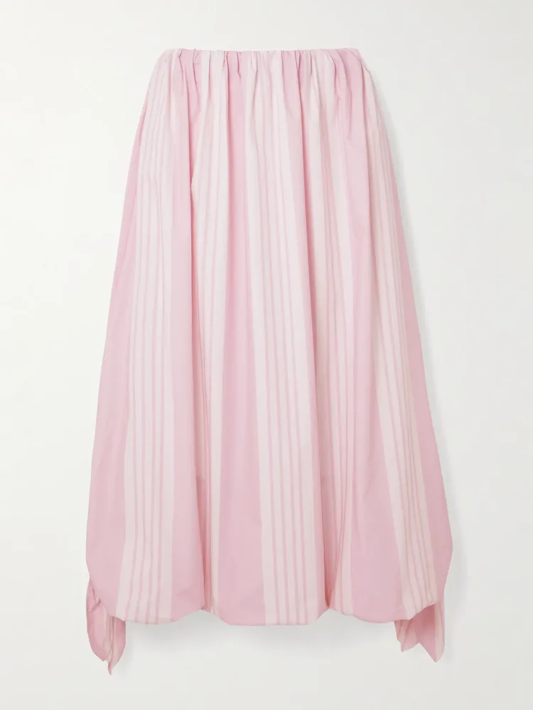 rose tie detailed striped cotton midi skirt