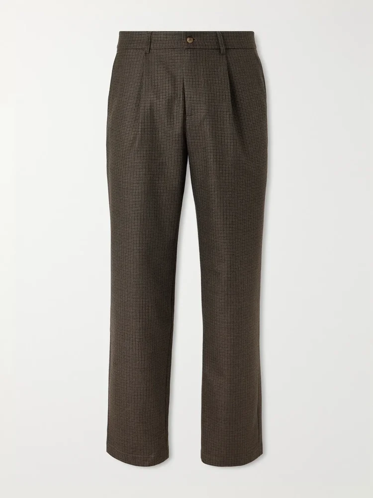 Straight-Leg Pleated Puppytooth Wool-Flannel Trousers