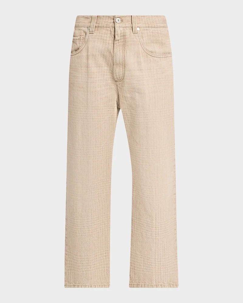 Check-Print Denim Straight-Leg Crop Pants