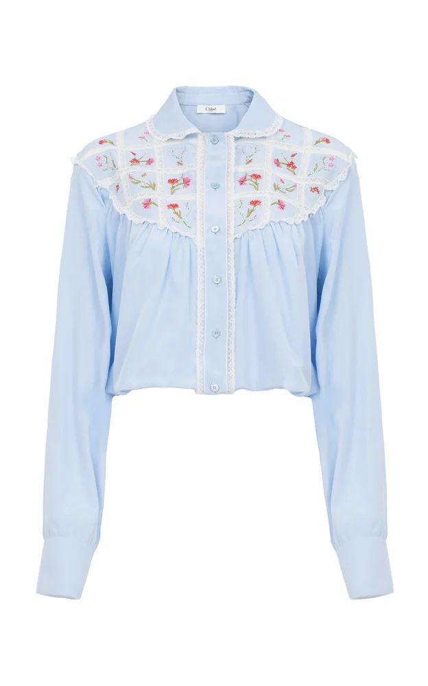 Ruffled Embroidered Silk-Cotton Top