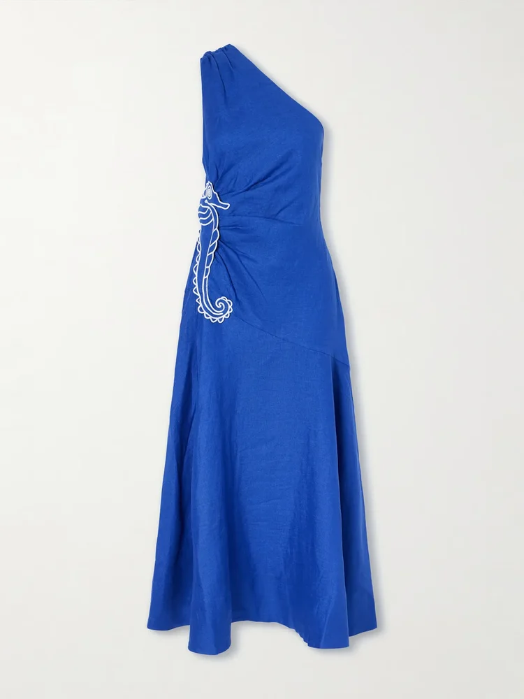 Seahorse Embroidery One Shoulder Maxi Dress